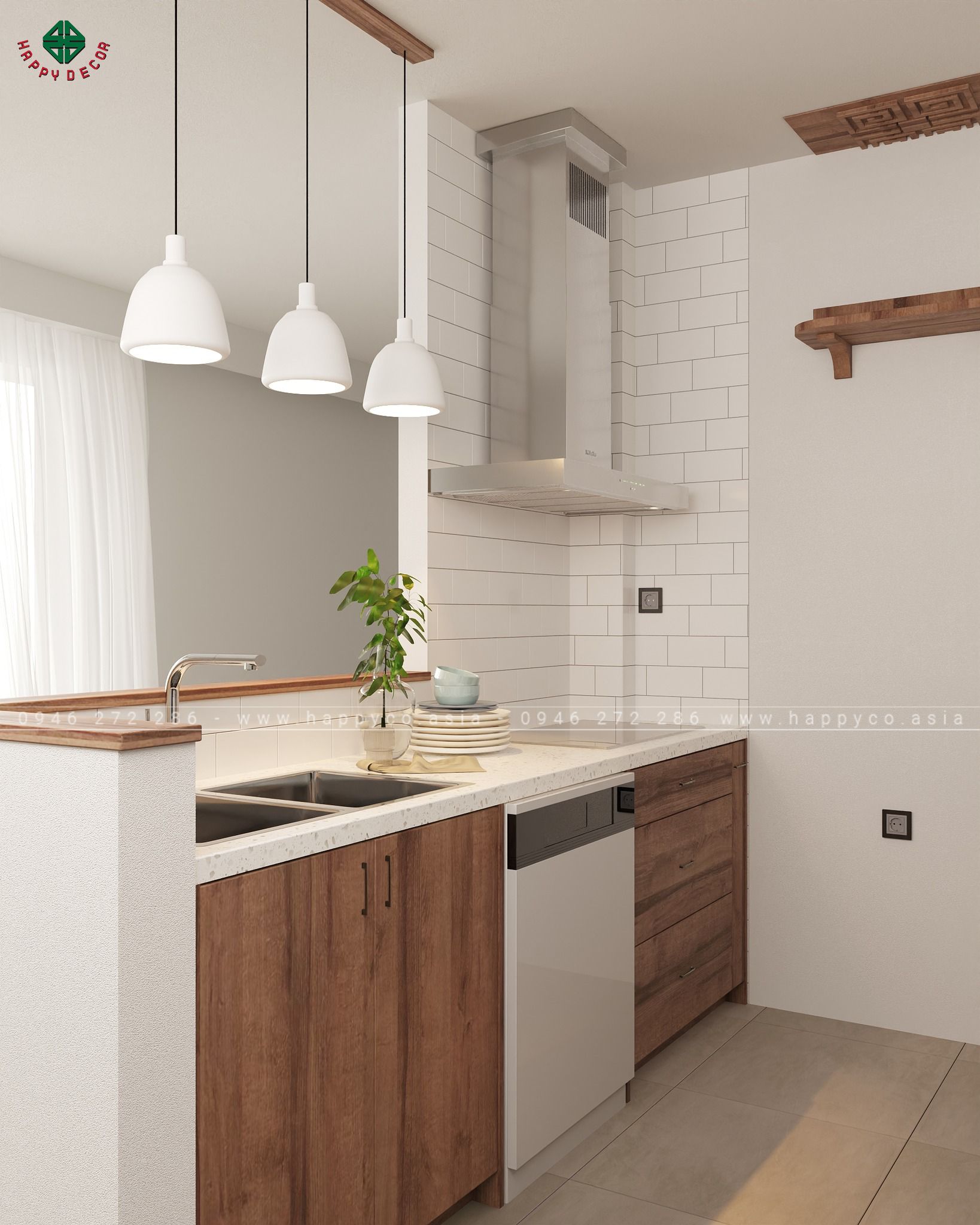 Thiết kế bếp theo mô hình tam giác giữa bếp nấu, bồn rửa và tủ lạnh giúp tối ưu hóa quá trình di chuyển và sử dụng trong bếp.