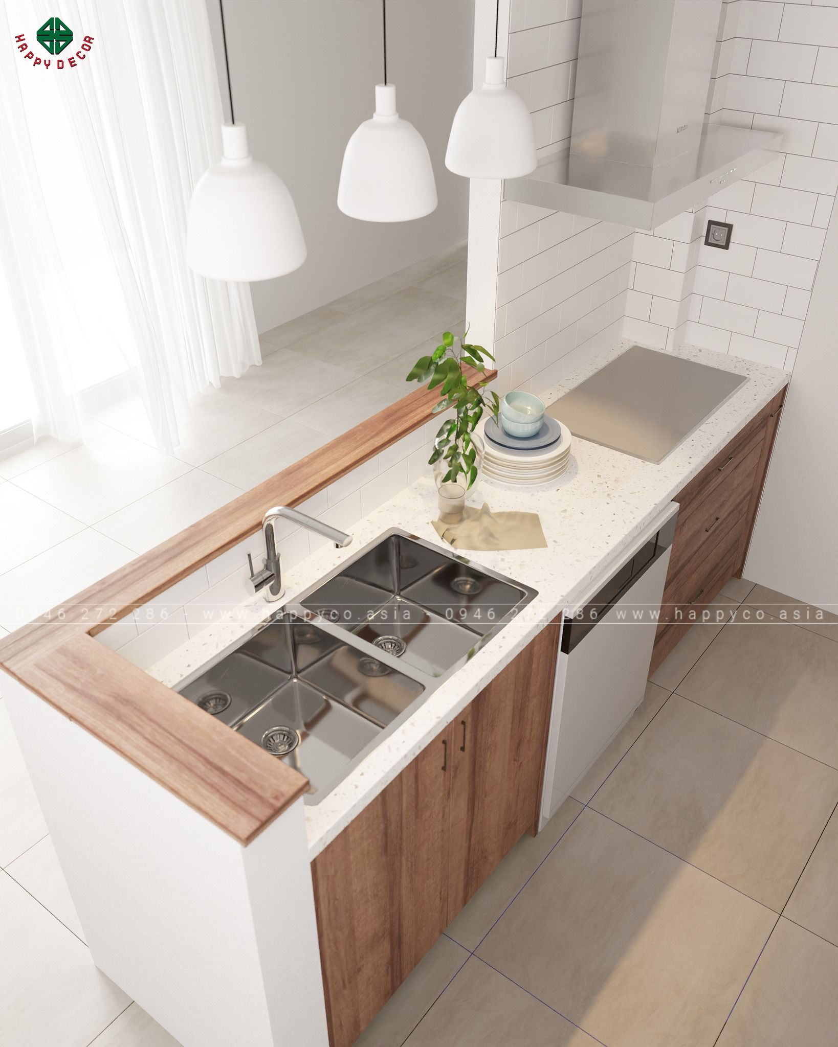 Sử dụng các thiết bị như lò nướng, máy rửa bát gắn âm và tích hợp vào tủ để không gian bếp thêm phần gọn gàng và hiện đại.