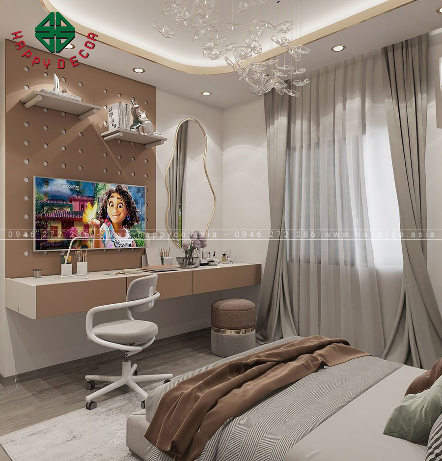 Thiết lập hệ thống bàn treo tường có thể dùng làm bàn làm việc hoặc bàn trang điểm.