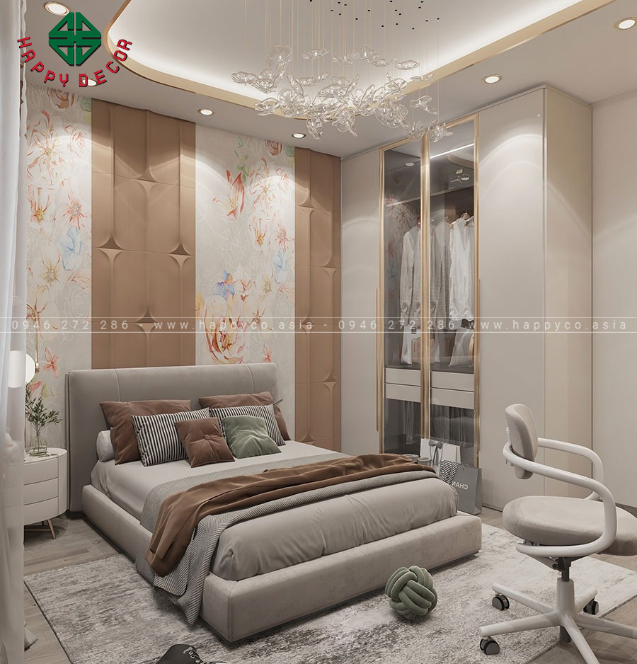 Màu sắc chủ đạo là màu be nhẹ nhàng được hòa quyện với những màu sắc đặc trưng của đồ nội thất và đồ trang trí tạo nên một không gian thơ mộng, thư giãn.