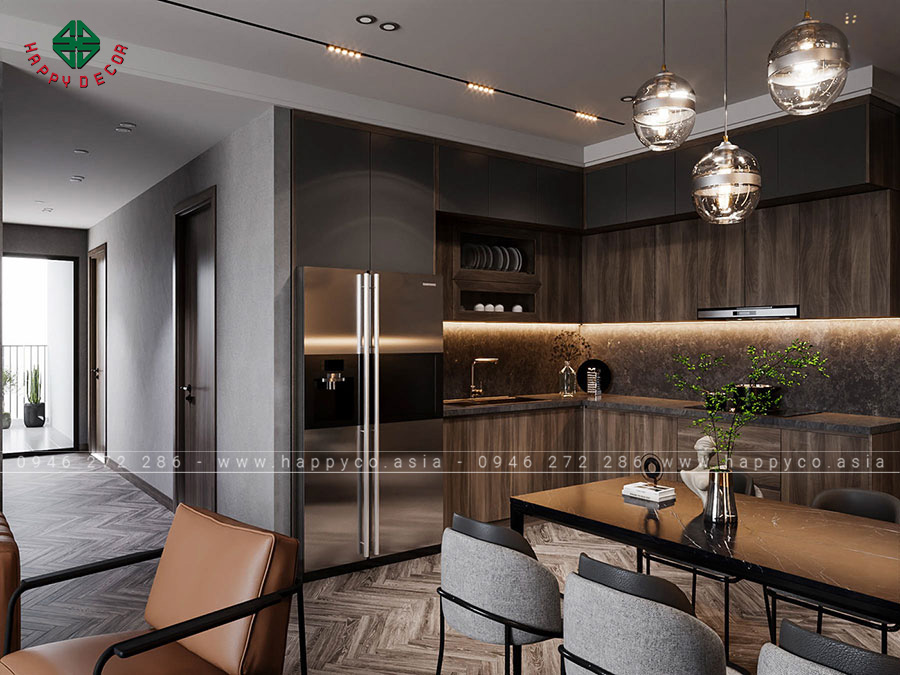 Tủ bếp hình chữ L này có thiết kế đơn giản, đơn giản được làm bằng gỗ công nghiệp MDF An Cường cao cấp bề mặt phủ melamine có độ bền cao, chống mối mọt, cong vênh.