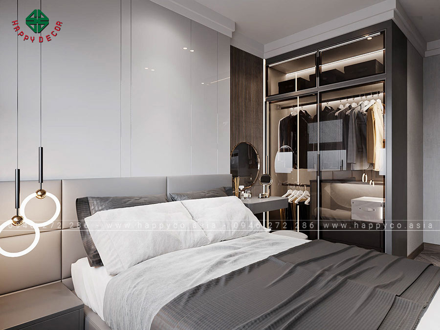 Ý tưởng thiết kế bức tường phía sau giường là sử dụng chất liệu PVC để trang trí cho khu vực này