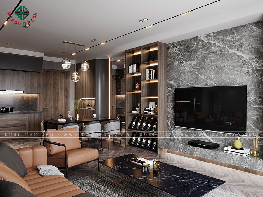 Khu vực tivi có tường hoa văn đá đẹp ấn tượng