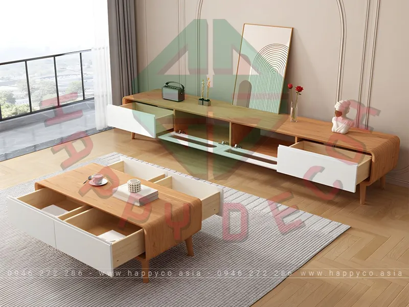KỆ TIVI GỖ MDF MÀU NÂU VÂN GỖ PHỐI TRẮNG HIỆN ĐẠI KT6834