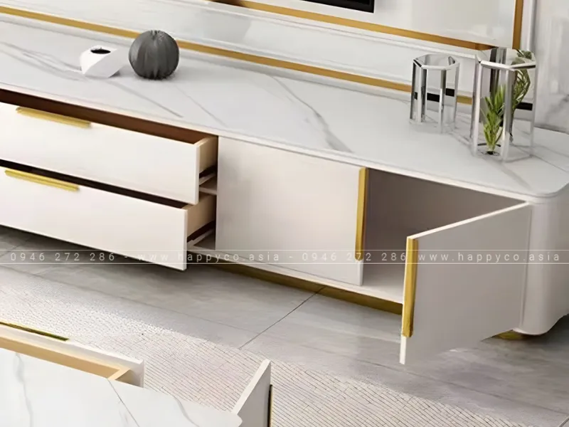 KỆ TIVI GỖ MDF MÀU TRẮNG PHỐI VIỀN VÀNG SANG TRỌNG - KT6838
