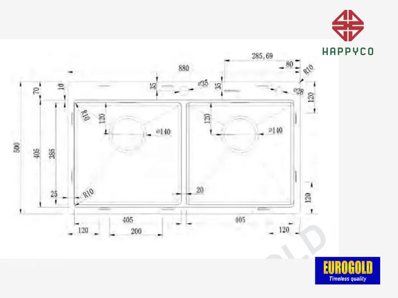 CHẬU RỬA BÁT INOX 304 EUS88850  EUROGOLD