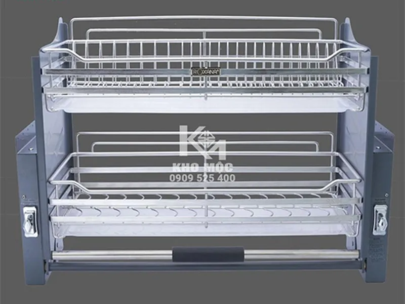 Giá Chén Bát Nâng Hạ Di Động 2 Tầng ROXANA INOX MỜ Mã R015