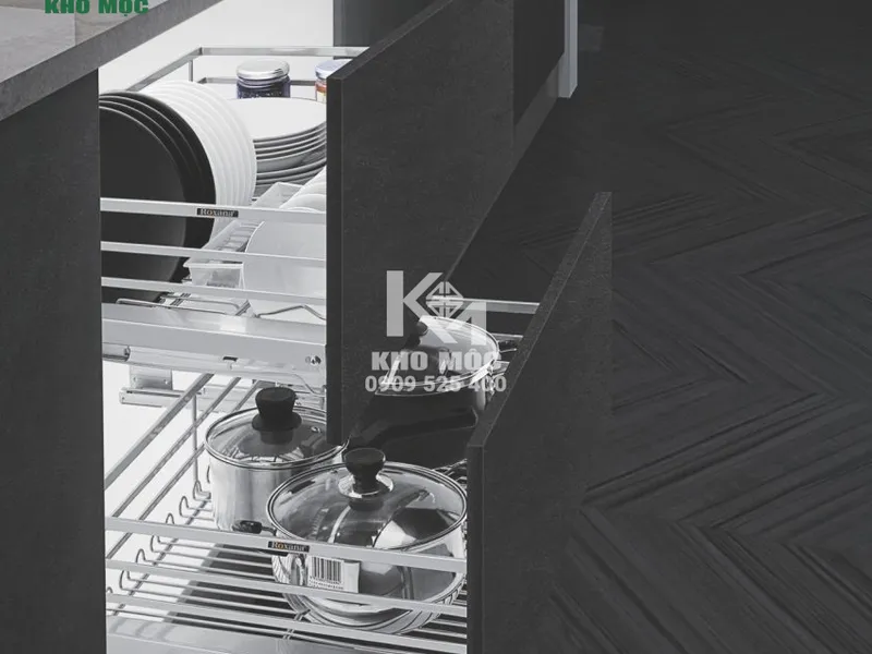 GIÁ XOONG NỒI TỦ DƯỚI INOX NAN DẸT, NAN MỜ, RAY ÂM GIẢM CHẤN ROXANA MÃ R002A 