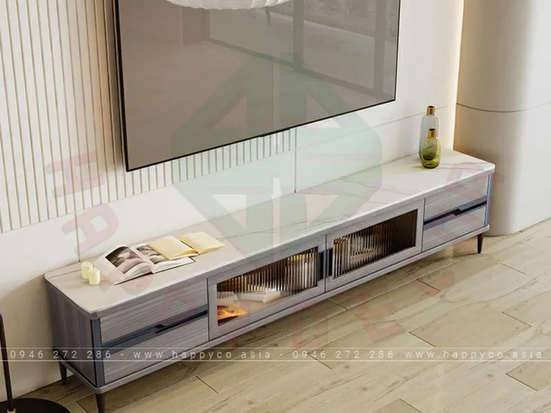 KỆ TIVI VÁN MDF MÀU XÁM PHỐI KÍNH HIỆN ĐẠI KT6835