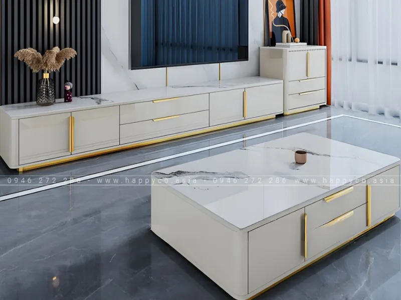 KỆ TIVI GỖ MDF MÀU TRẮNG PHỐI VIỀN VÀNG SANG TRỌNG - KT6838