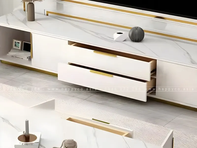 KỆ TIVI GỖ MDF MÀU TRẮNG PHỐI VIỀN VÀNG SANG TRỌNG - KT6838