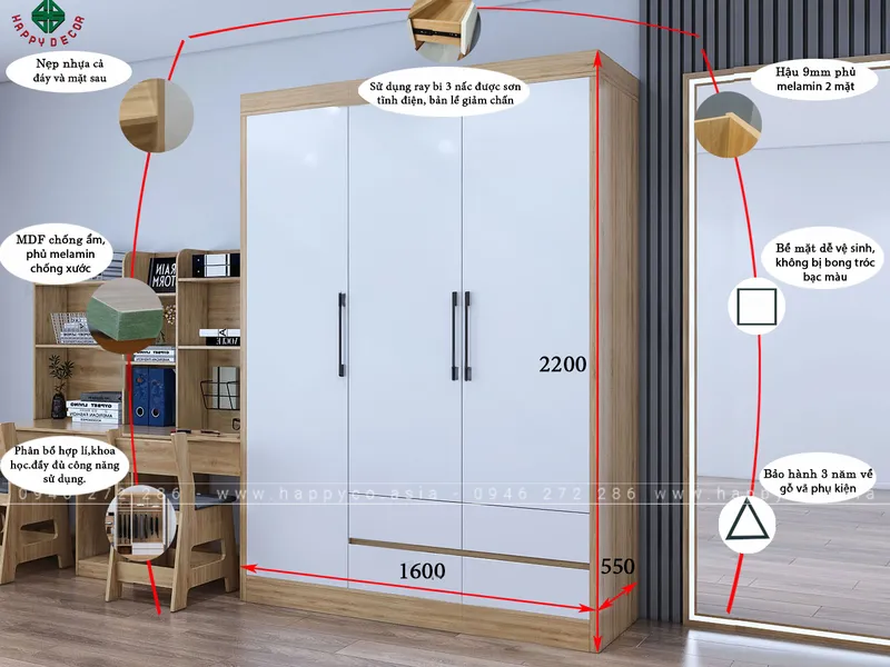 Tủ quần áo 3 cánh đẹp TA6822