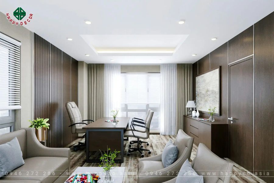 Phòng giám đốc với sắc trắng tinh tế nhưng không kém phần uy quyền Phòng giám đốc với sắc trắng tinh tế nhưng không kém phần uy quyền