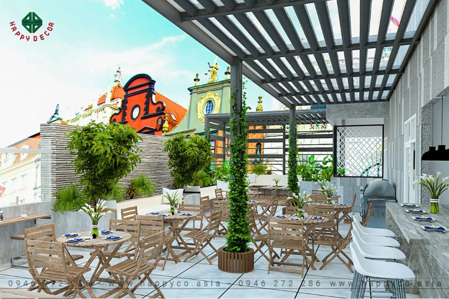 Khu ăn uống ngoài trời thoáng mát, giúp tinh thần thư giãn Khu ăn uống ngoài trời thoáng mát, giúp tinh thần thư giãn