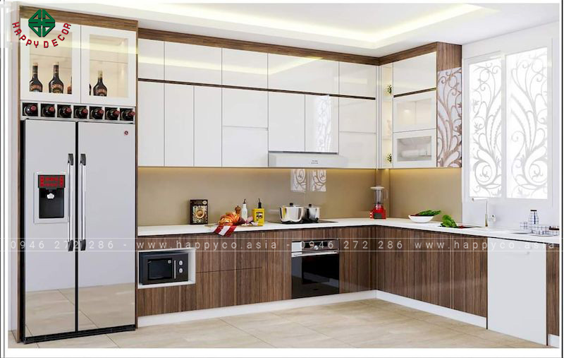 Mẫu tủ bếp hình chữ L có cửa sổ giúp không gian luôn thông thoáng, khô ráo
