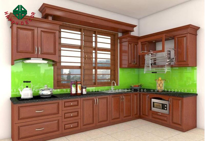 Mẫu tủ bếp hình chữ L có cửa sổ giúp không gian luôn thông thoáng, khô ráo