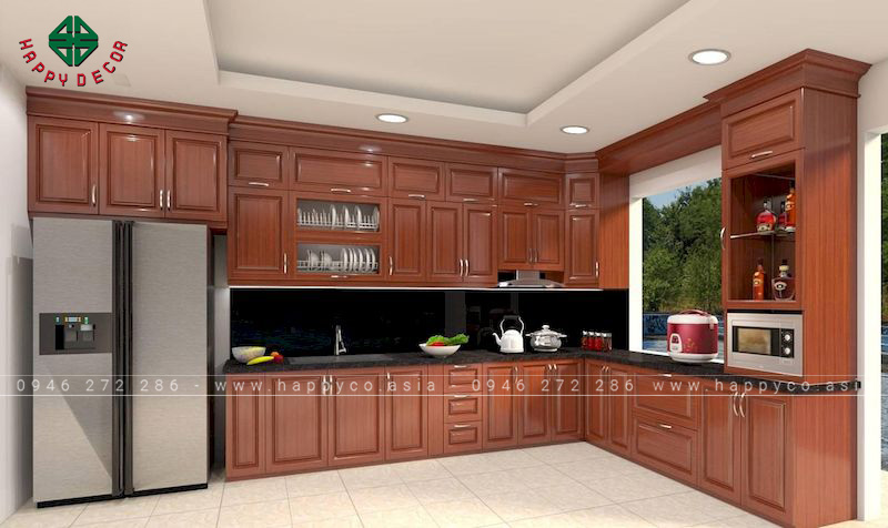 Mẫu tủ bếp hình chữ L có cửa sổ giúp không gian luôn thông thoáng, khô ráo