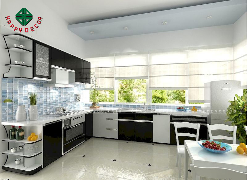 Mẫu tủ bếp hình chữ L có cửa sổ giúp không gian luôn thông thoáng, khô ráo