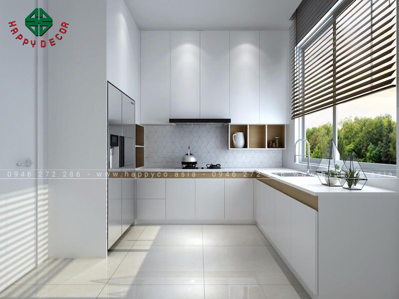 Mẫu tủ bếp hình chữ L có cửa sổ giúp không gian luôn thông thoáng, khô ráo