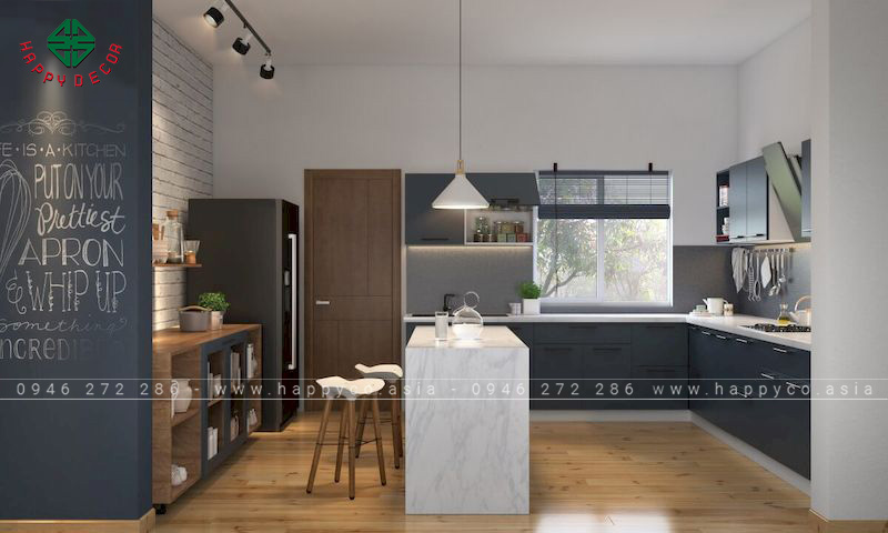 Mẫu tủ bếp hình chữ L có cửa sổ giúp không gian luôn thông thoáng, khô ráo