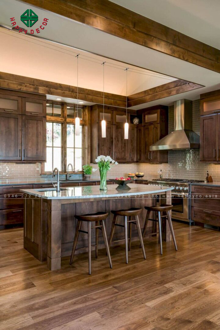 Mẫu tủ bếp hình chữ L có cửa sổ giúp không gian luôn thông thoáng, khô ráo