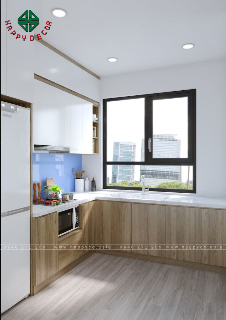 Mẫu tủ bếp hình chữ L có cửa sổ giúp không gian luôn thông thoáng, khô ráo