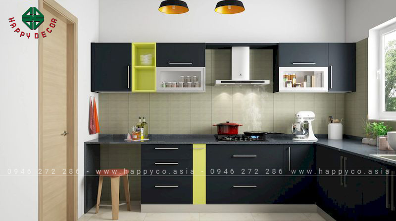 Mẫu tủ bếp hình chữ L có cửa sổ giúp không gian luôn thông thoáng, khô ráo