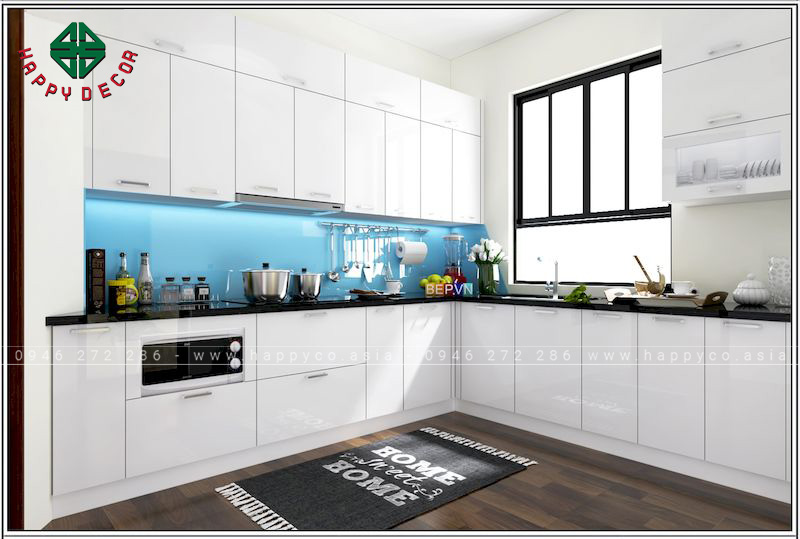 Mẫu tủ bếp hình chữ L có cửa sổ giúp không gian luôn thông thoáng, khô ráo