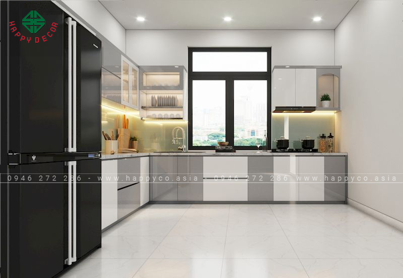 Mẫu tủ bếp hình chữ L có cửa sổ giúp không gian luôn thông thoáng, khô ráo