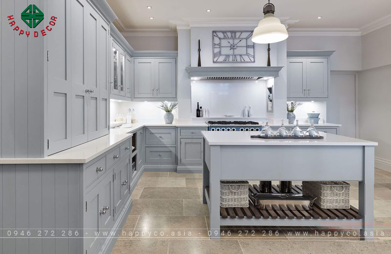 Tủ bếp gỗ tự nhiên sơn trắng - mẫu 13