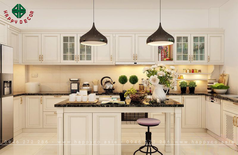 Tủ bếp gỗ tự nhiên sơn trắng - mẫu 12