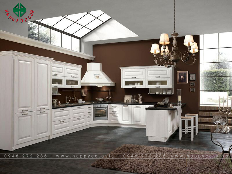 Tủ bếp gỗ tự nhiên sơn trắng - mẫu 04