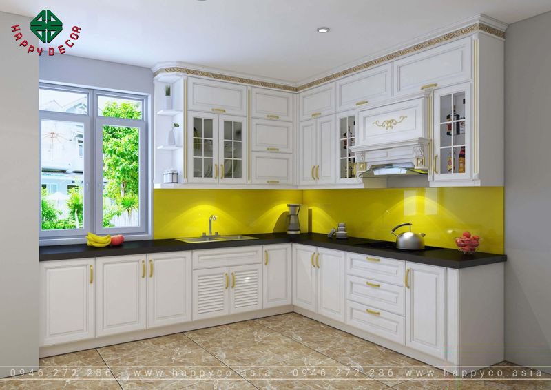 Tủ bếp gỗ tự nhiên sơn trắng - mẫu 06