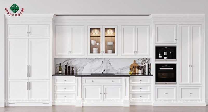 Tủ bếp gỗ tự nhiên sơn trắng - mẫu 01