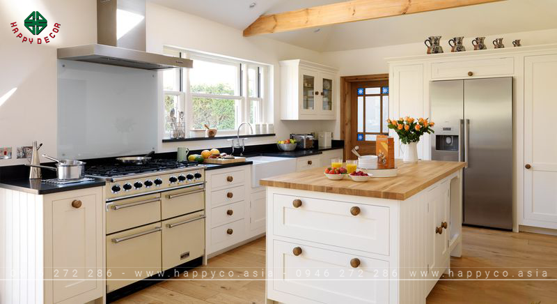 Tủ bếp gỗ tự nhiên sơn trắng - mẫu 02