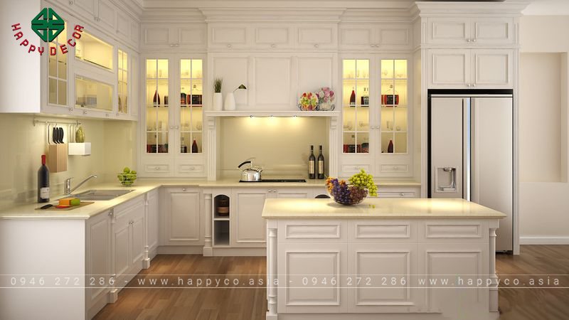 Tủ bếp gỗ tự nhiên sơn trắng - mẫu 07