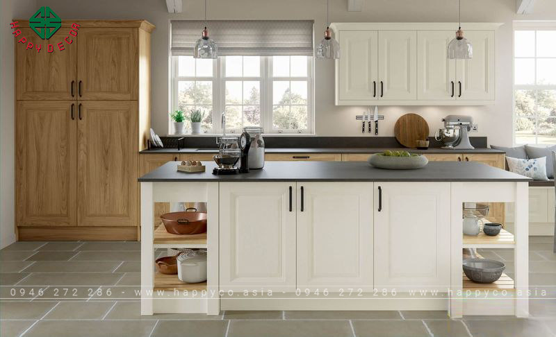 Tủ bếp gỗ tự nhiên sơn trắng - mẫu 08