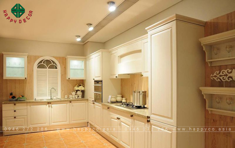 Tủ bếp gỗ tự nhiên sơn trắng - mẫu 14