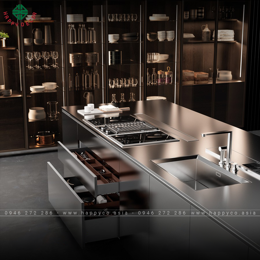 Vẻ đẹp sáng bóng của tủ bếp thép không gỉ làm tăng thêm tính thẩm mỹ