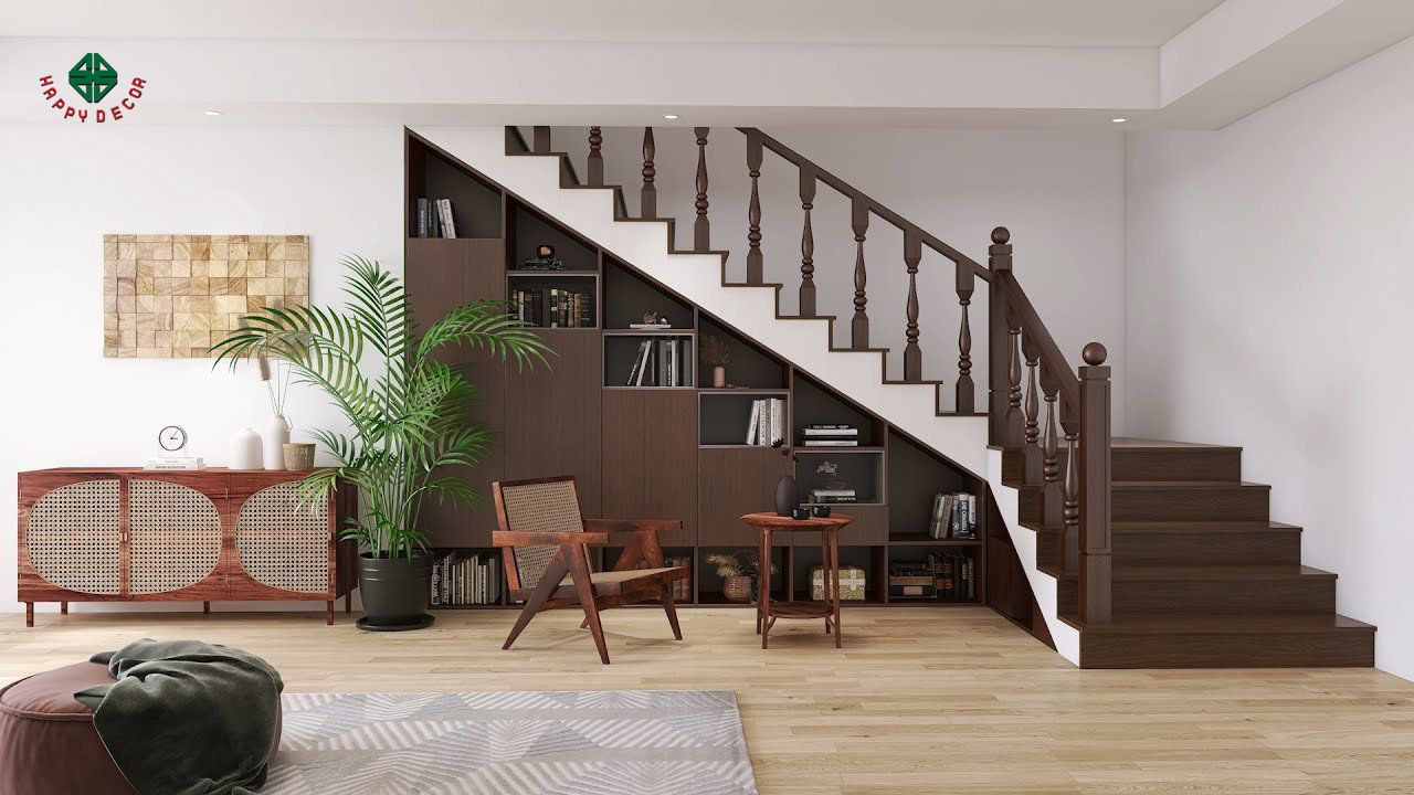 mẫu cầu thang gỗ công nghiệp tinh tế bắt mắt