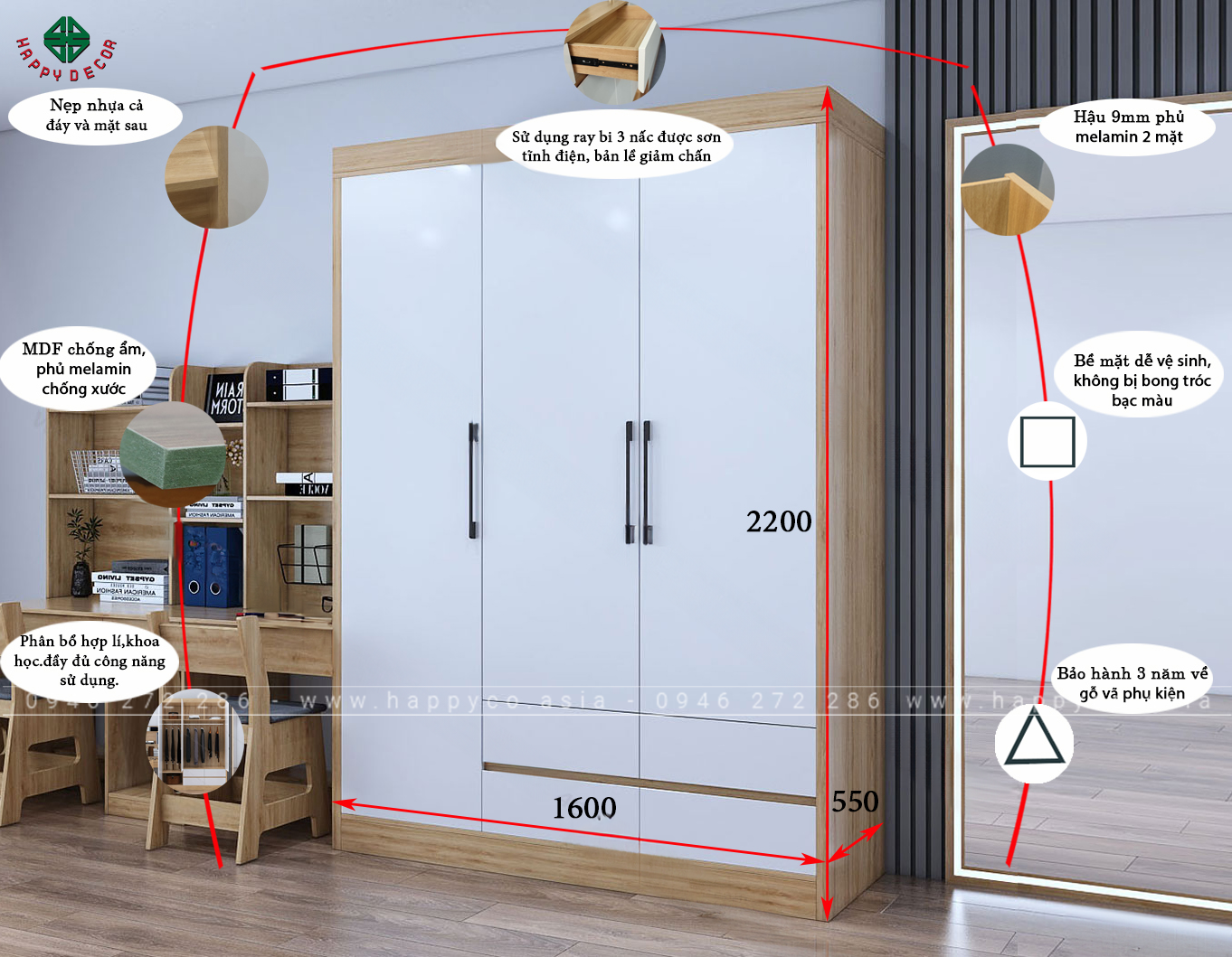 Kích thước tủ quần áo đẹp 3 cánh hiện đại TA6822