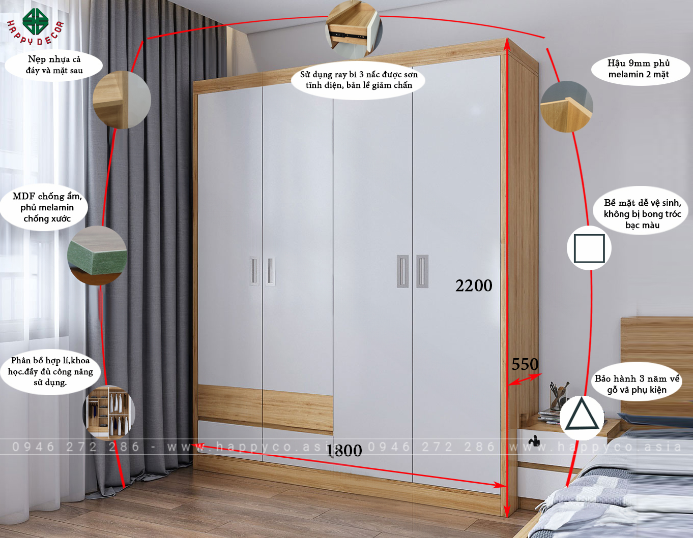 Kích thước tủ áo 4 buồng hiện đại TA6824