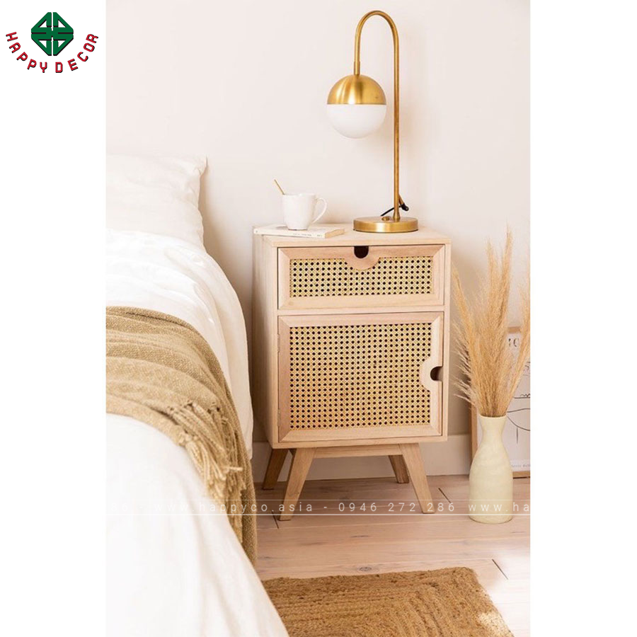 Tủ đầu giường kết hợp mây tre đan