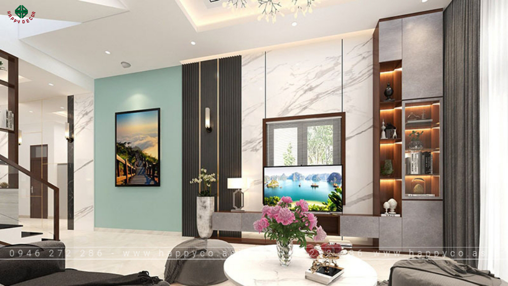 Mẫu vách Tivi phòng khách thạch cao