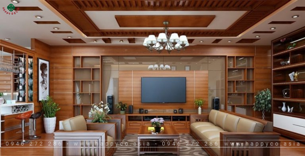 Vách Tivi phòng khách bằng gỗ công nghiệp - Mẫu 11