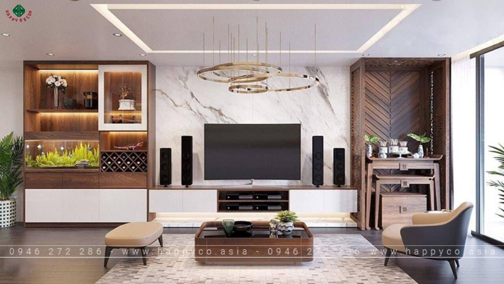 Vách Tivi phòng khách bằng gỗ công nghiệp - Mẫu 06