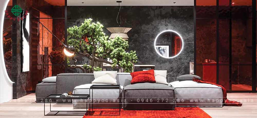 Màu sắc chủ đạo của phòng khách là màu đỏ