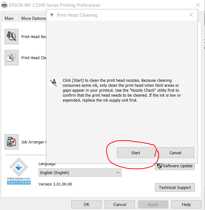 Hướng dẫn vệ sinh đầu phun máy in màu Epson C5390/C5890 Nhấp vào “Start” khi được yêu cầu để bắt đầu quá trình làm sạch.