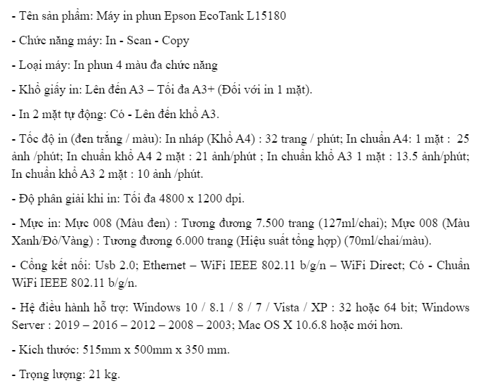 Máy in màu đa năng Epson EcoTank L15180 - (Copy, In, Scan, WiFi, Duplex Printing) Máy in màu đa năng Epson EcoTank L15180 - (Copy, In, Scan, WiFi, Duplex Printing)