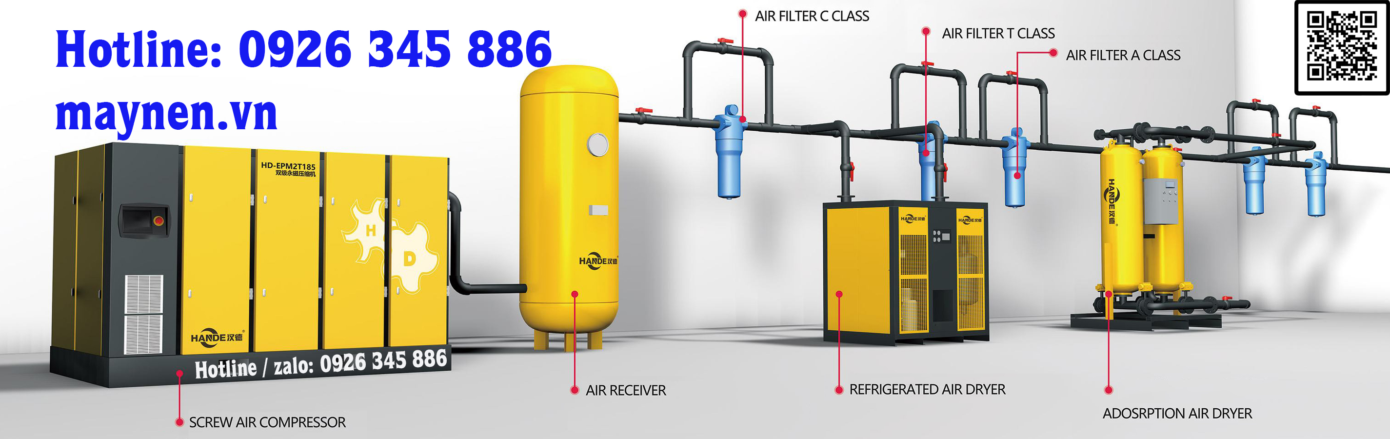mô hình lắp đặt máy nén khí Hande